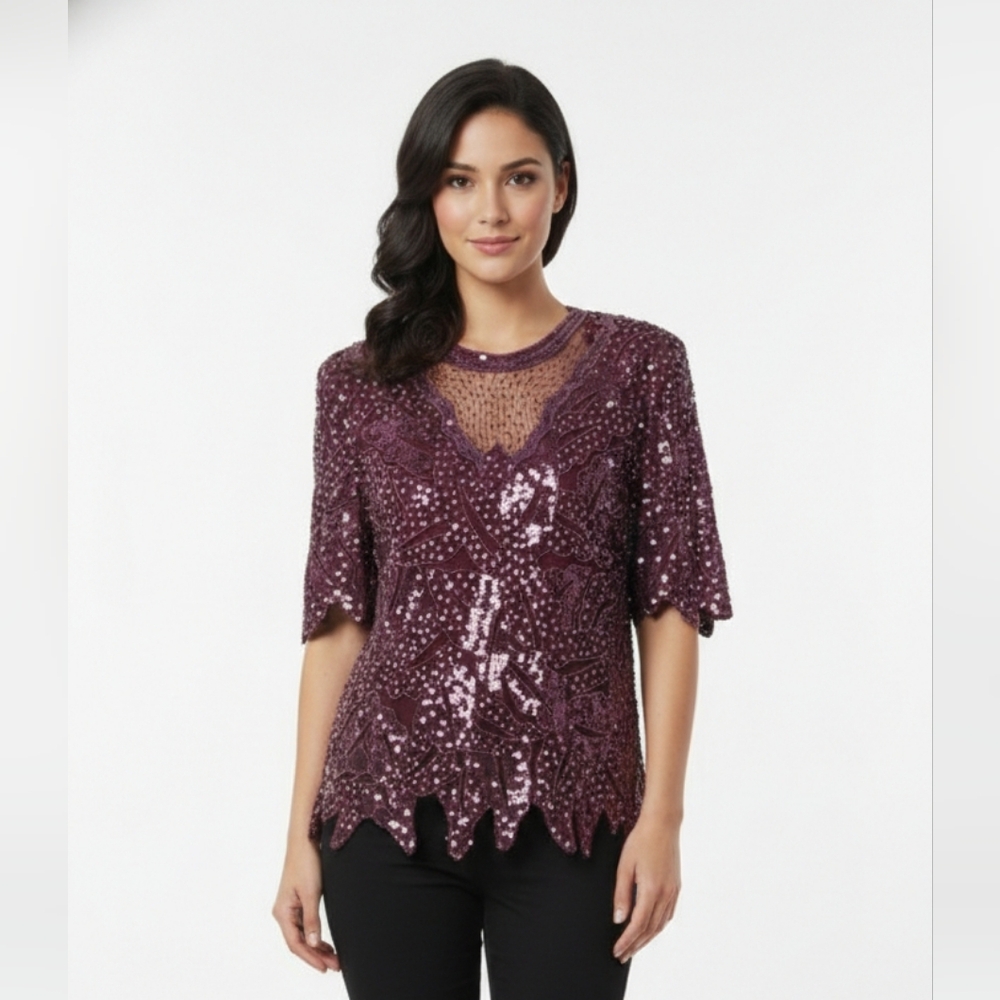 Vintage Creative Touch Blouse Plum Beaded Sequin Shark Bite Silk Glam Formal M